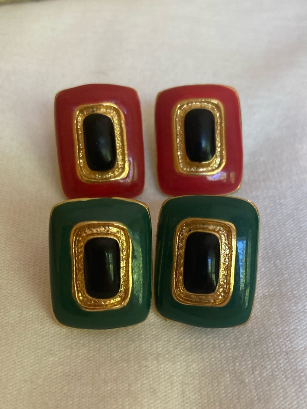 Two Pairs of Vintage Enameled Earrings Red Green Pierced Ears